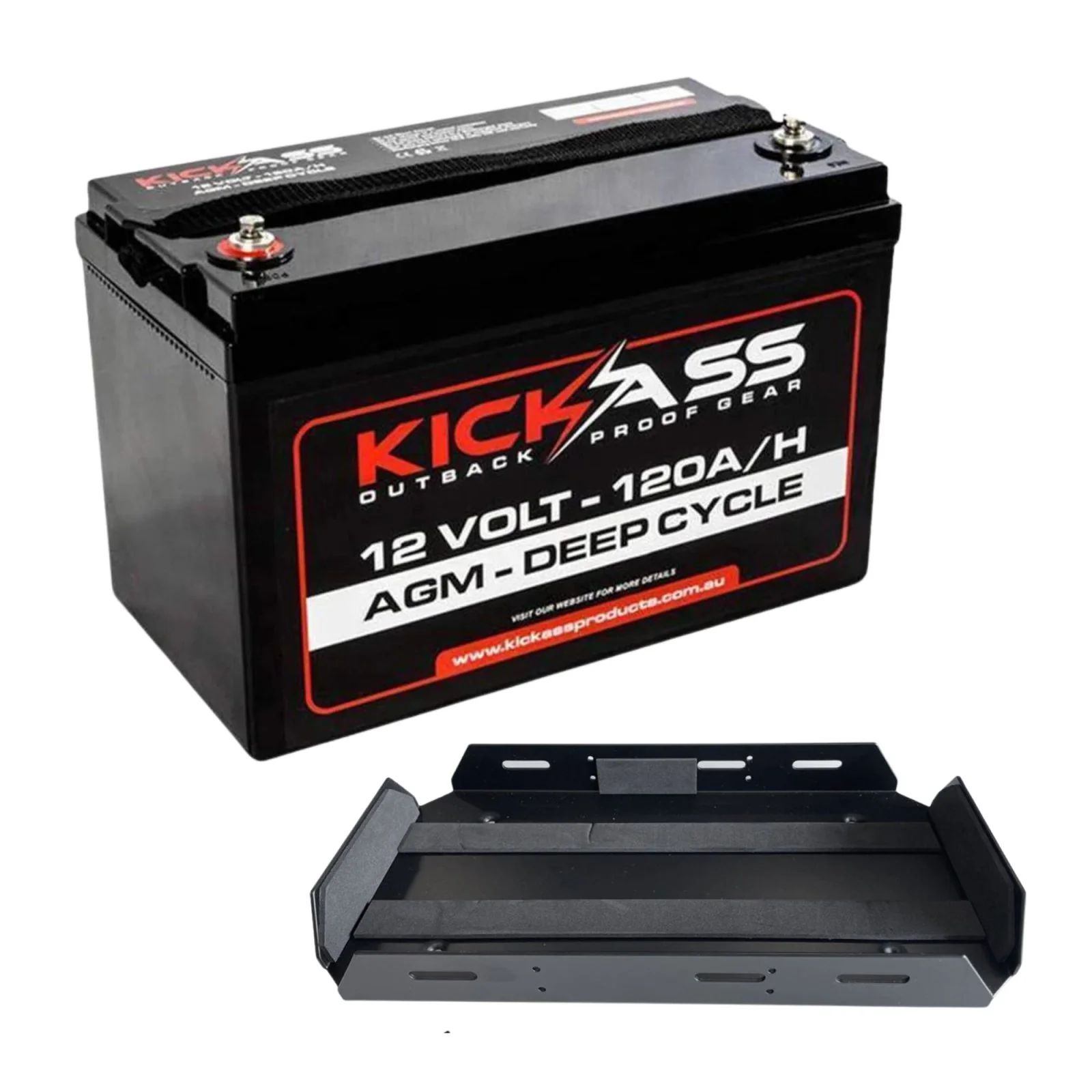 KickAss 12V 120Ah Deep Cycle AGM Battery + Tray Bundle