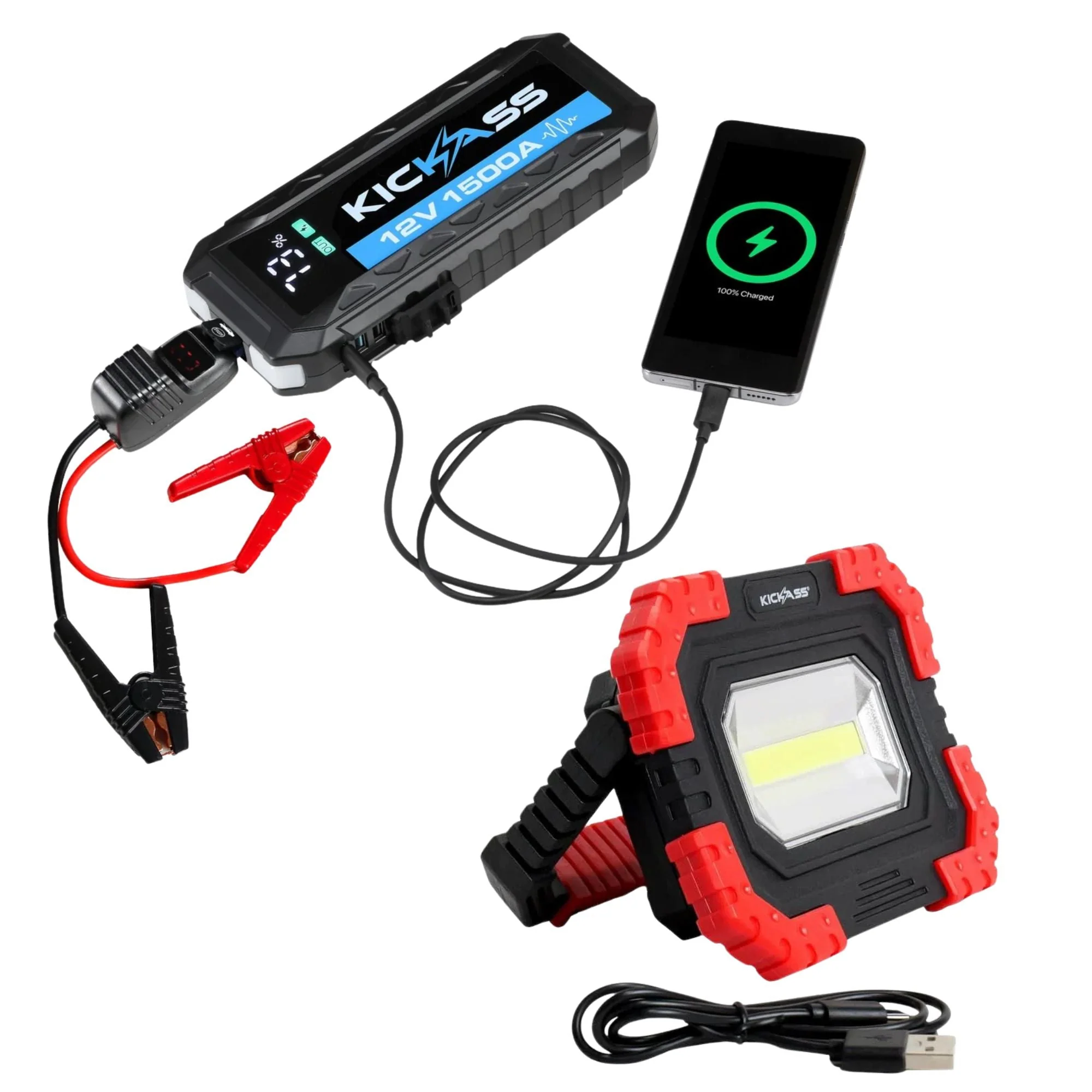 KickAss 1500A Jump Starter + Rechargeable LED Work Light Bundle