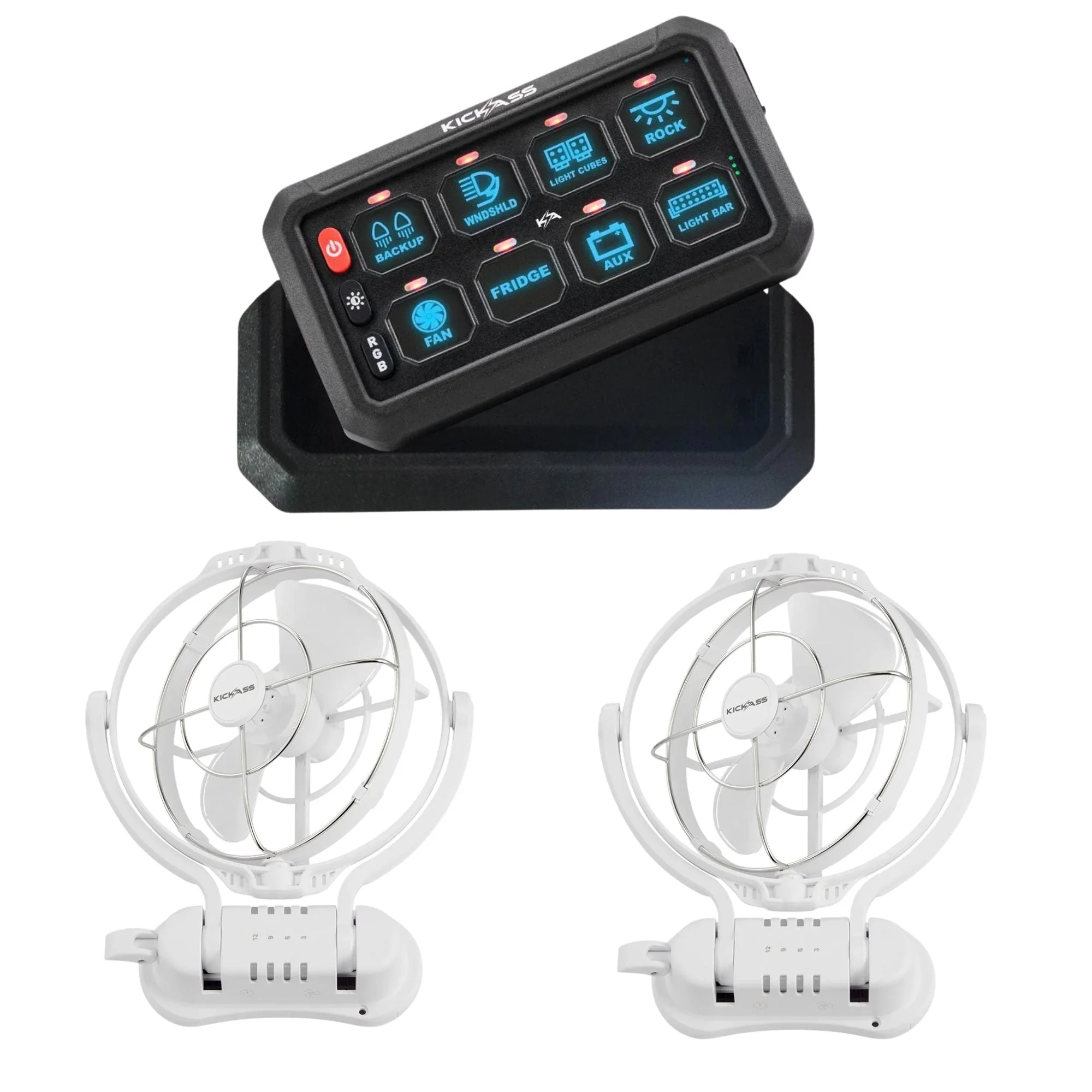 KickAss 8 Gang Wireless 12V Switch Panel + 2x 12/24V 360° 3 Speed Hardwired Fans Bundle - White
