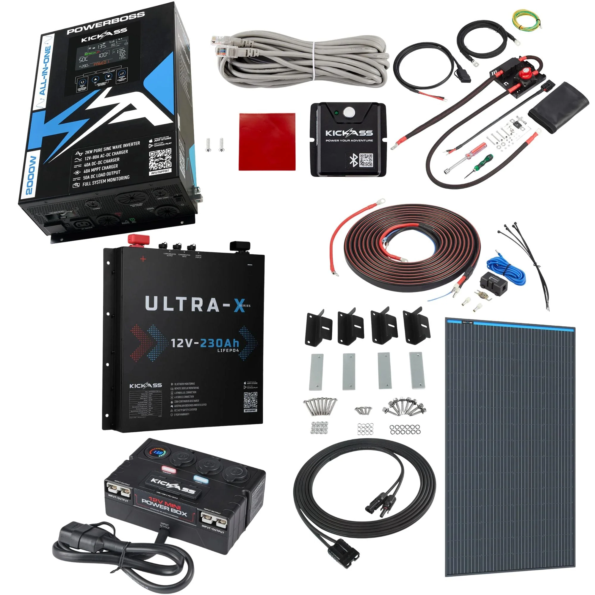 KickAss PowerBoss 2000W Off-Grid System with Bluetooth, Alternator Wiring Kit, 230Ah Battery & Power Accessories