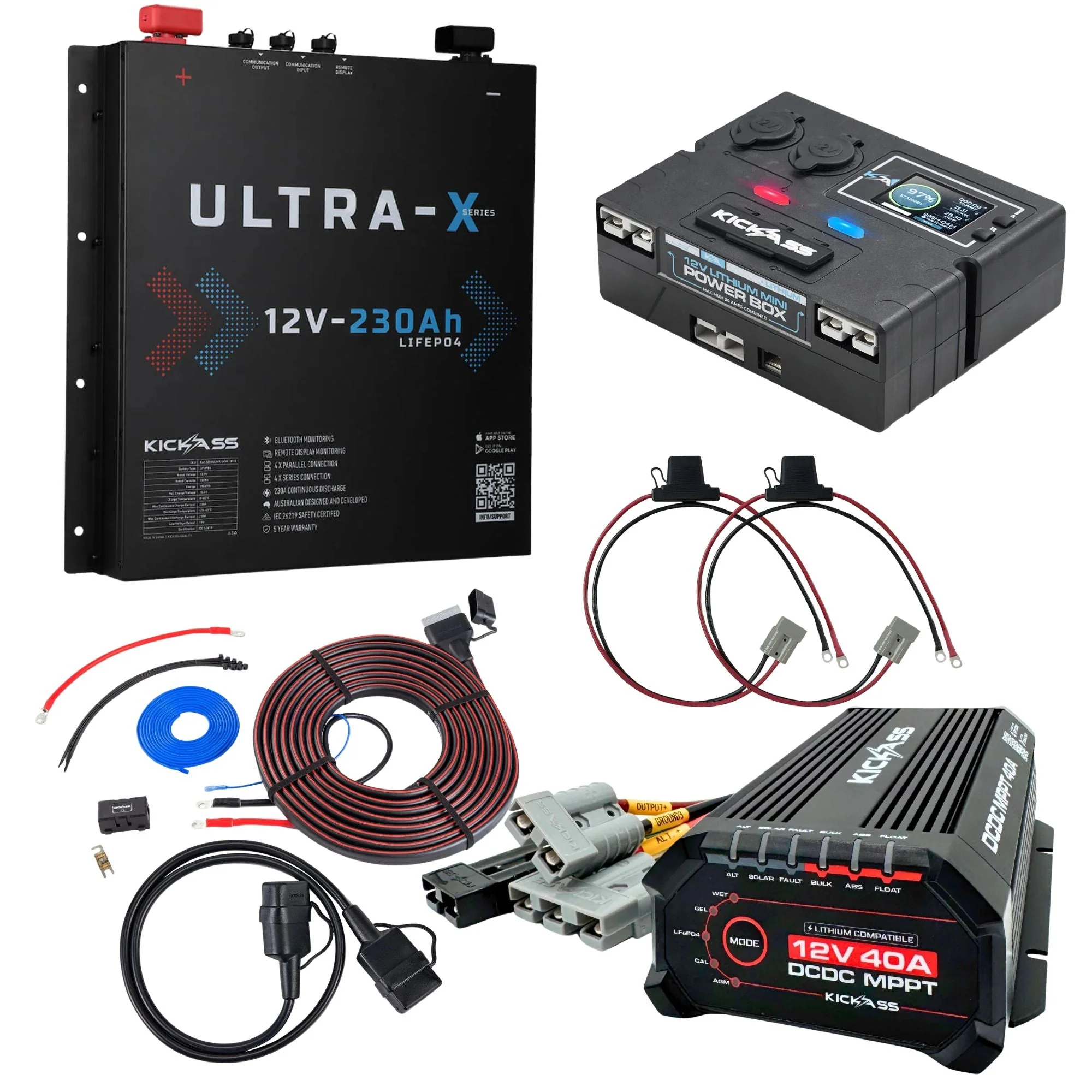 KickAss Smart 12V 230Ah Ultra-X Slimline Lithium Complete Dual Battery Kit with Control Box, 40A DCDC Charger & Wiring